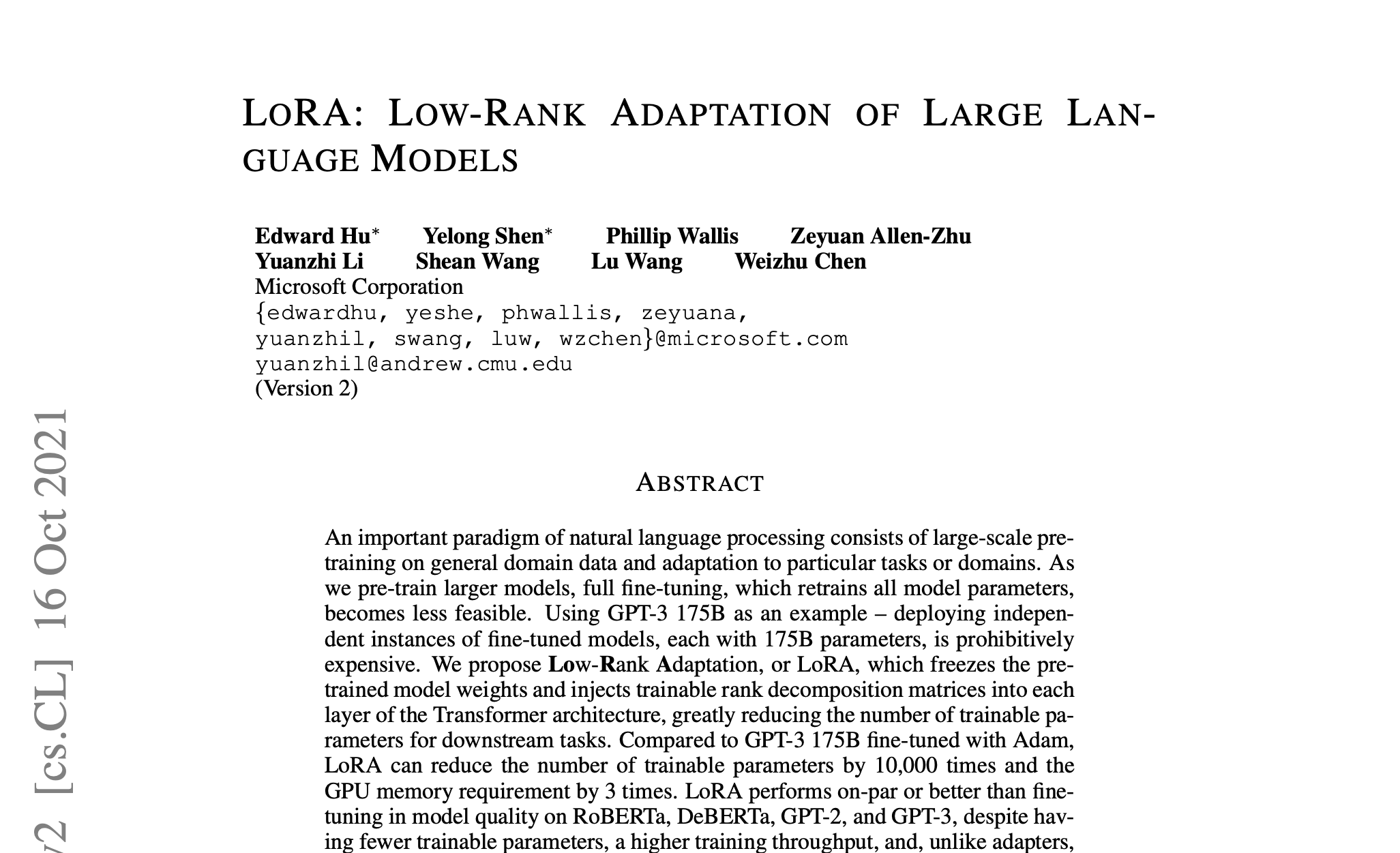 LoRA paper Low-Rank Adaptation